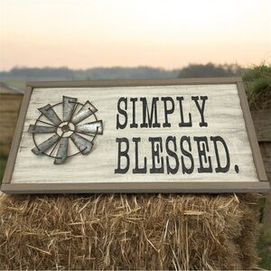 Simply Blessed Wood Wall Sign Farmhouse Rustic Shabby Chic Metal Windmill 23x12